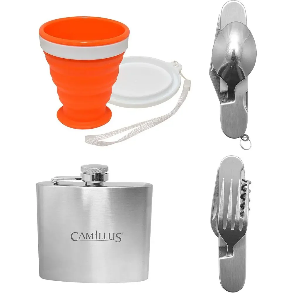 Camillus 4‑Piece Camping Kit Folding Cup, Stainless Flask & Multi‑Tool Utensils